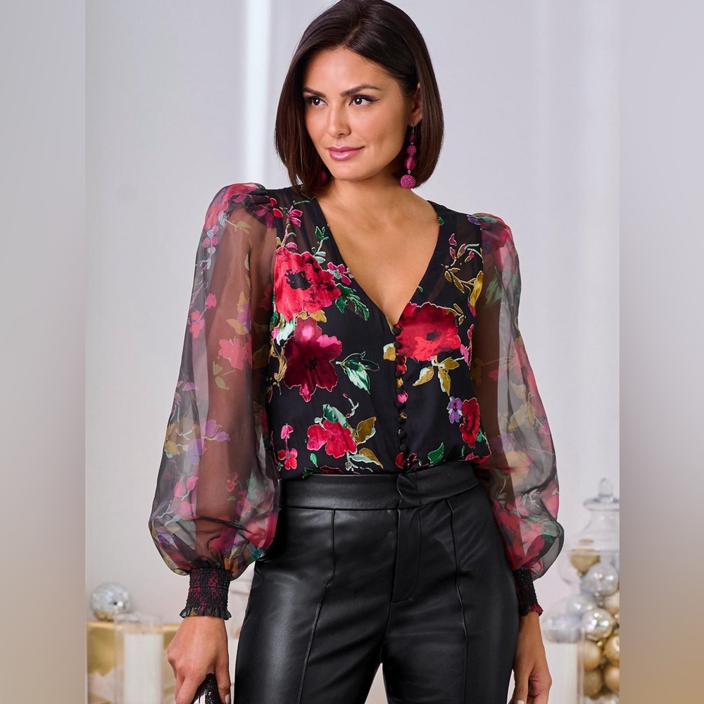 Boston Proper Floral Print Organza Button Up Long Sleeve Shirt